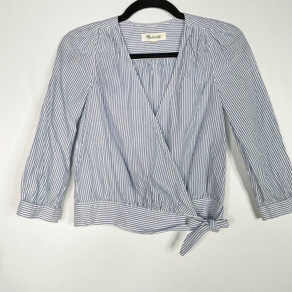 Madewell 2XS Blue White Striped Wrap Tie Blouse Top 3/4 Sleeves Cotton VNeck - Picture 1 of 11